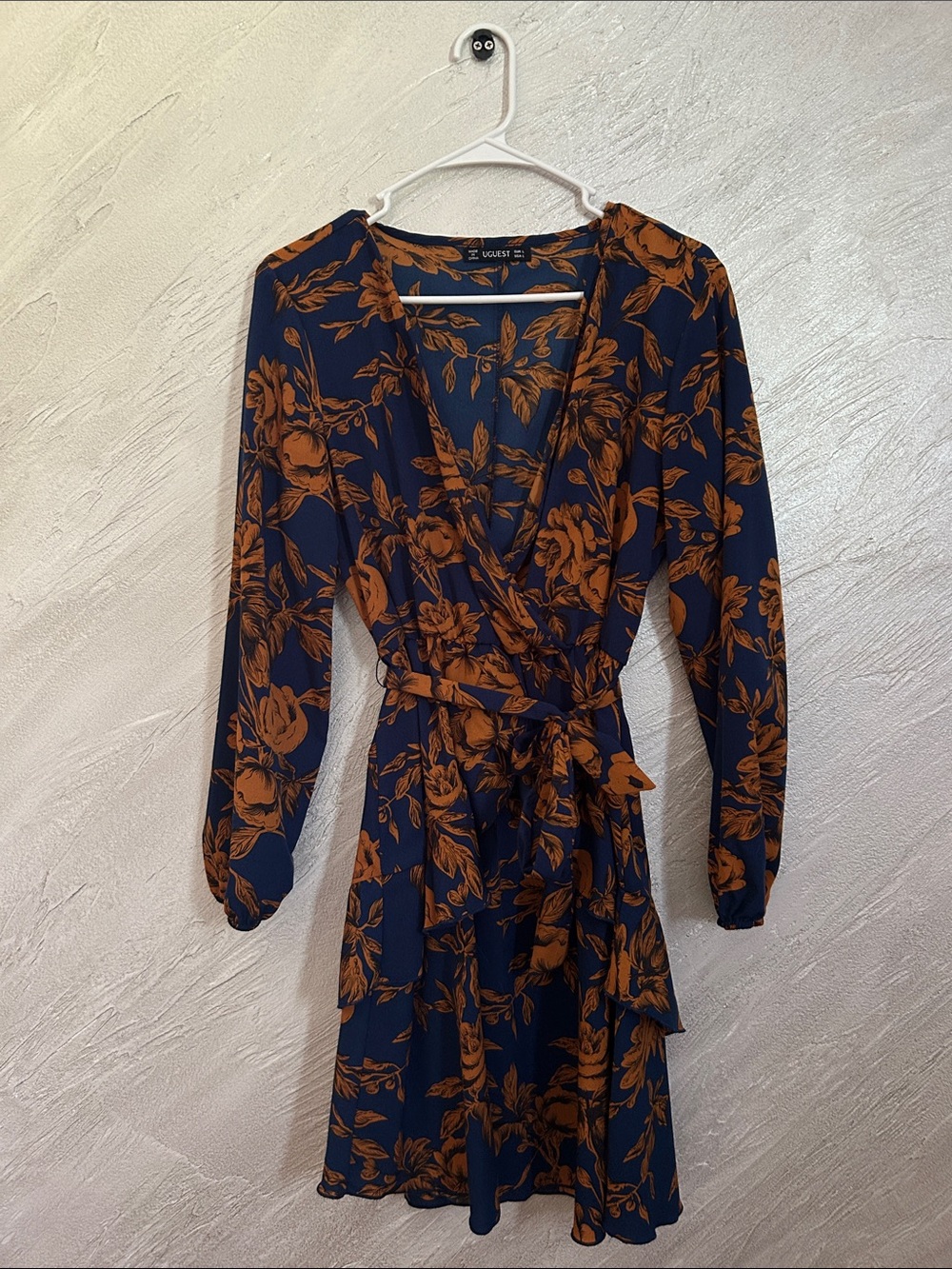 Navy Wrap Dress with Rust Floral Pattern